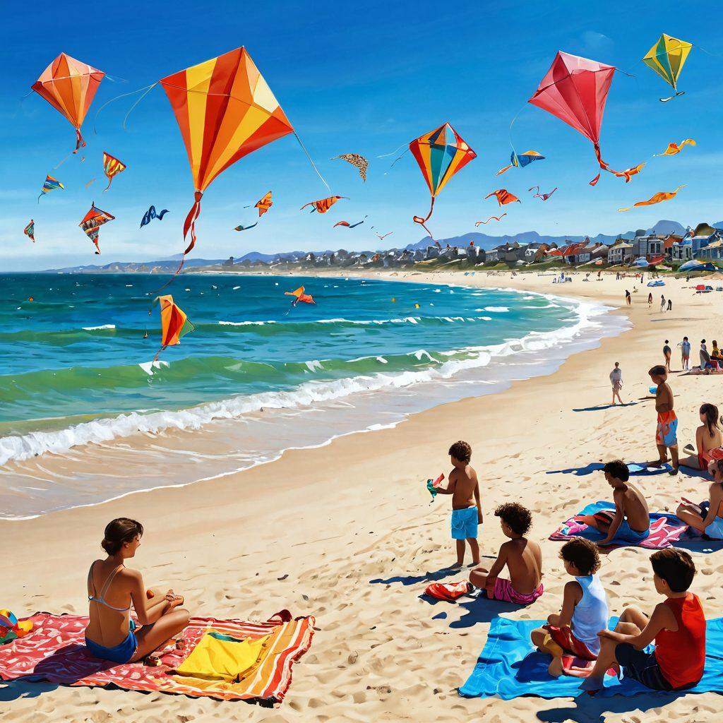 A bright, sunny beach scene filled with children and adults flying vibrant, multicolored kites against a clear blue sky. Some people are wearing fun, colorful beachwear, laughing and enjoying themselves. The sand is dotted with picnic blankets and beach toys, while the waves gently lap at the shore in the background. The kites are unique shapes like a dragon and a butterfly, creating a whimsical atmosphere. vivid colors. super-realistic. bright sunlight.