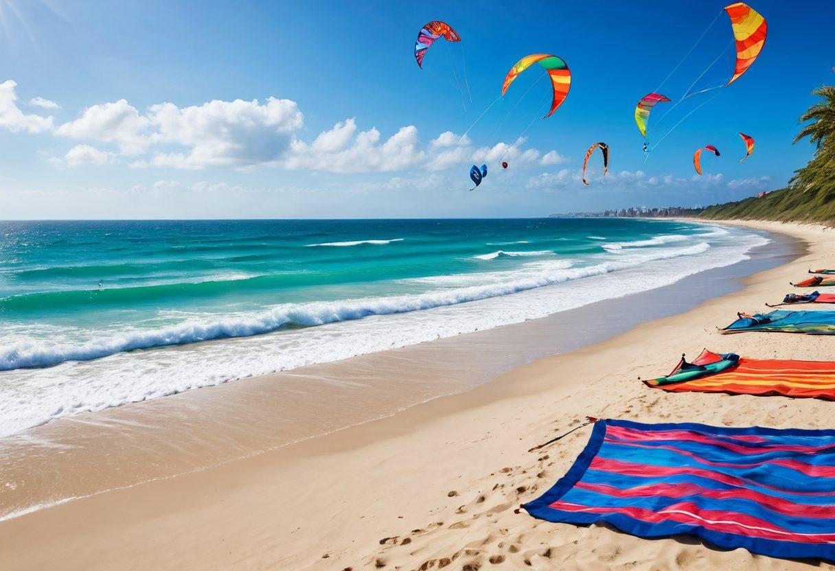 A sunny beach scene featuring a stylish beach with colorful kite surfers soaring through a vibrant blue sky. In the foreground, showcase a trendy selection of swimwear laid out on a beach towel, while the ocean waves sparkle under the sun. Add dynamic kites in various shapes and sizes fluttering above, embodying excitement and adventure. The overall atmosphere should convey the perfect blend of relaxation and thrill. super-realistic. vibrant colors. 3D.